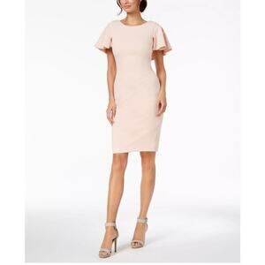 Calvin Klein Pink Ruffle V Back Flutter Sleeve Boat Neck Sheath Dress Sz 14